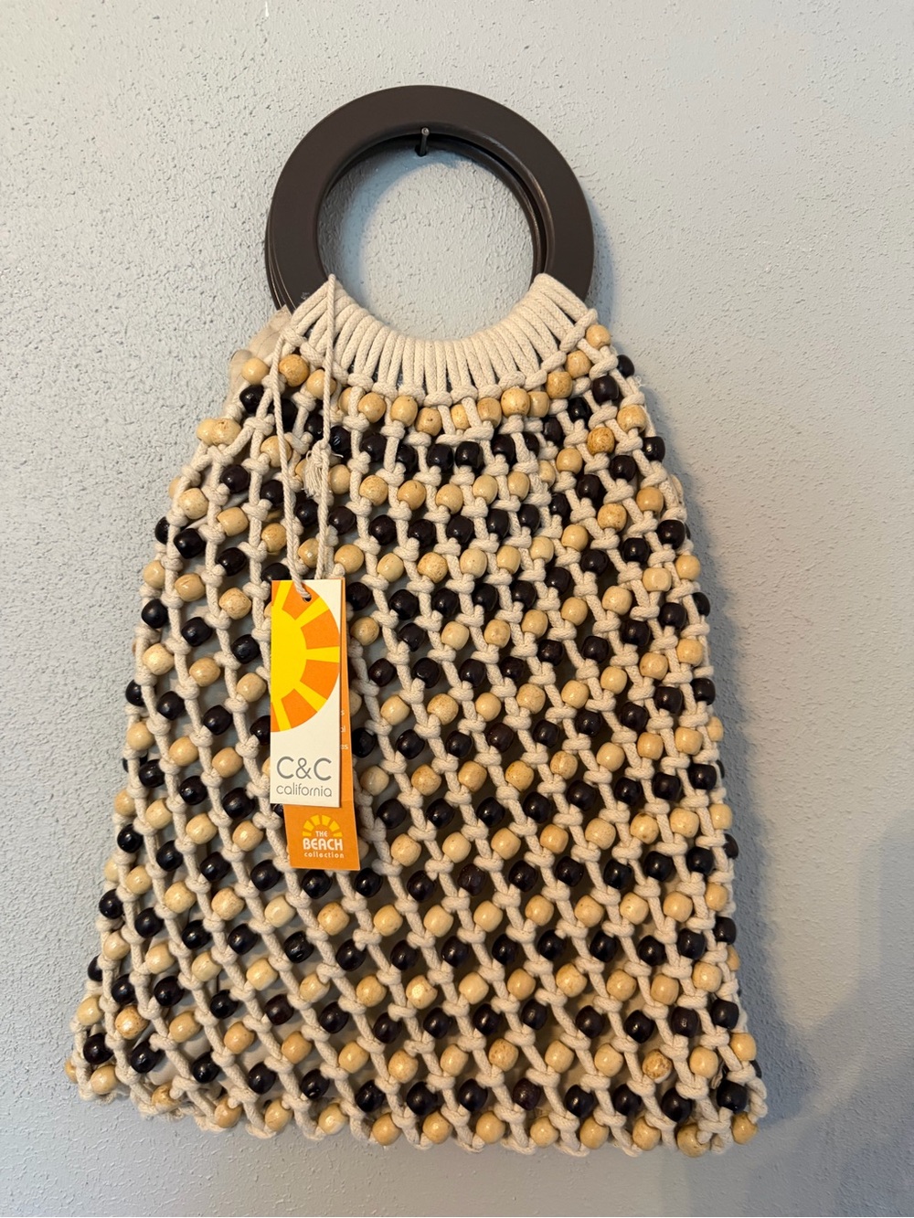 C&C California Cream, Brown and Tan Beaded Macramé Tote with Round Handles